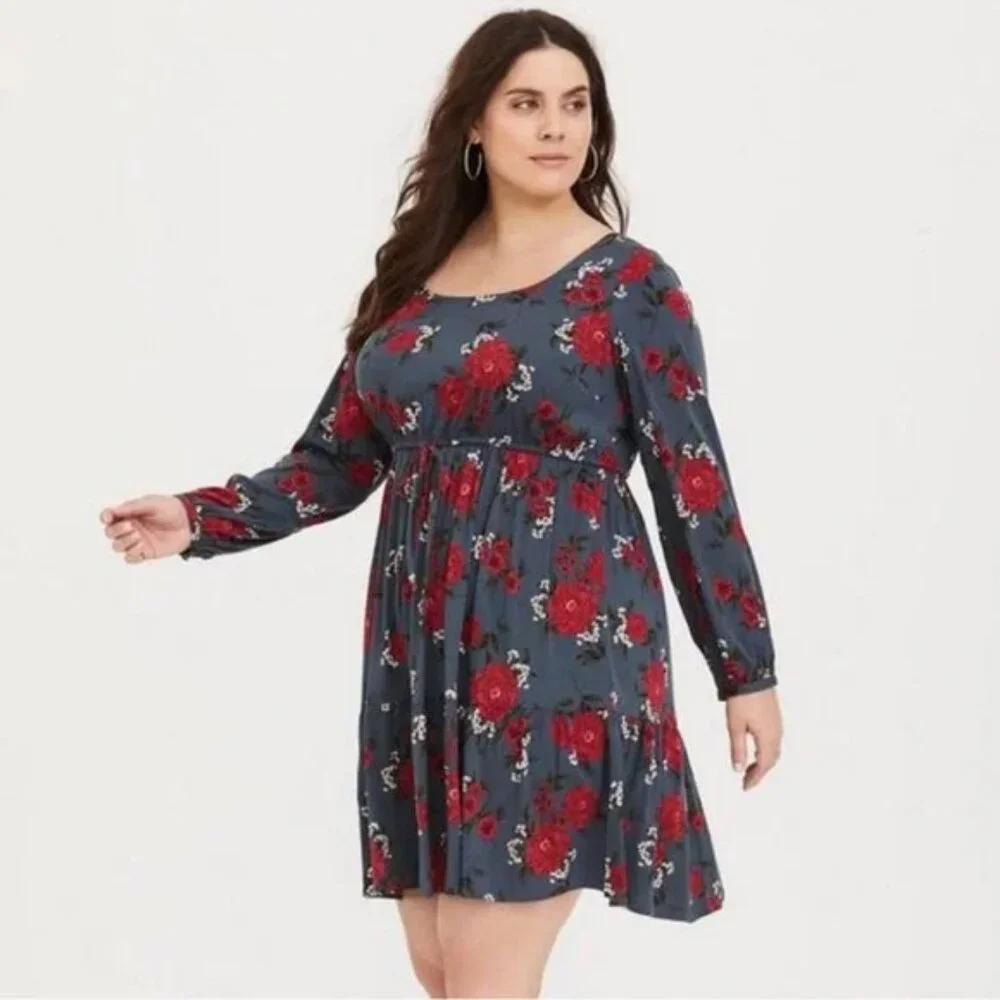 Torrid Florla Mini Challis Skater Dress Slate Gray Red Size 3X - Picture 2 of 12